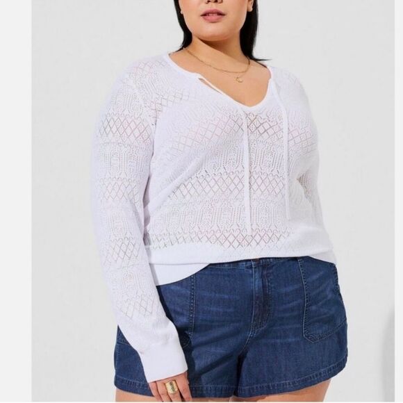 Torrid Pointelle White Tie Neck Lightweight Sweater Pullover - Picture 2 of 9